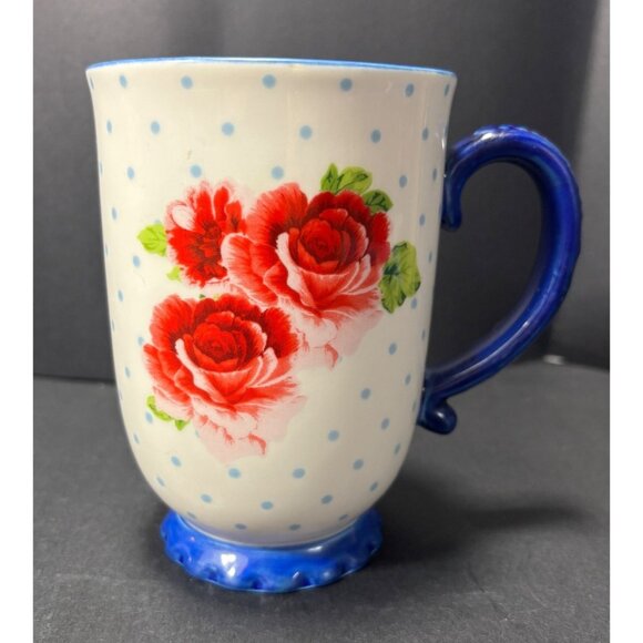 Pioneer Women Heritage Coffee Mug Floral Red Rose With Blue Handle & Base - Picture 1 of 9